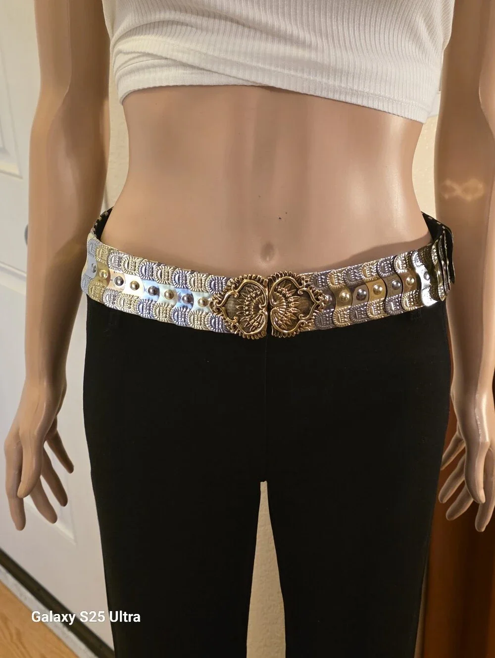 Vintage Ornate Mixed Metal Elastic Stretch Belt - Gold & Silver Filigree